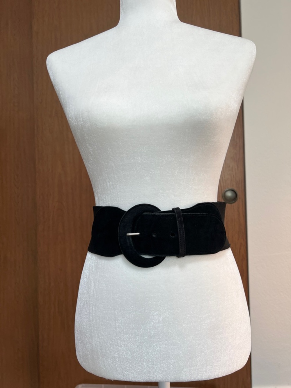Black Suede and Elastic Wide Waist Belt with Round Buckle